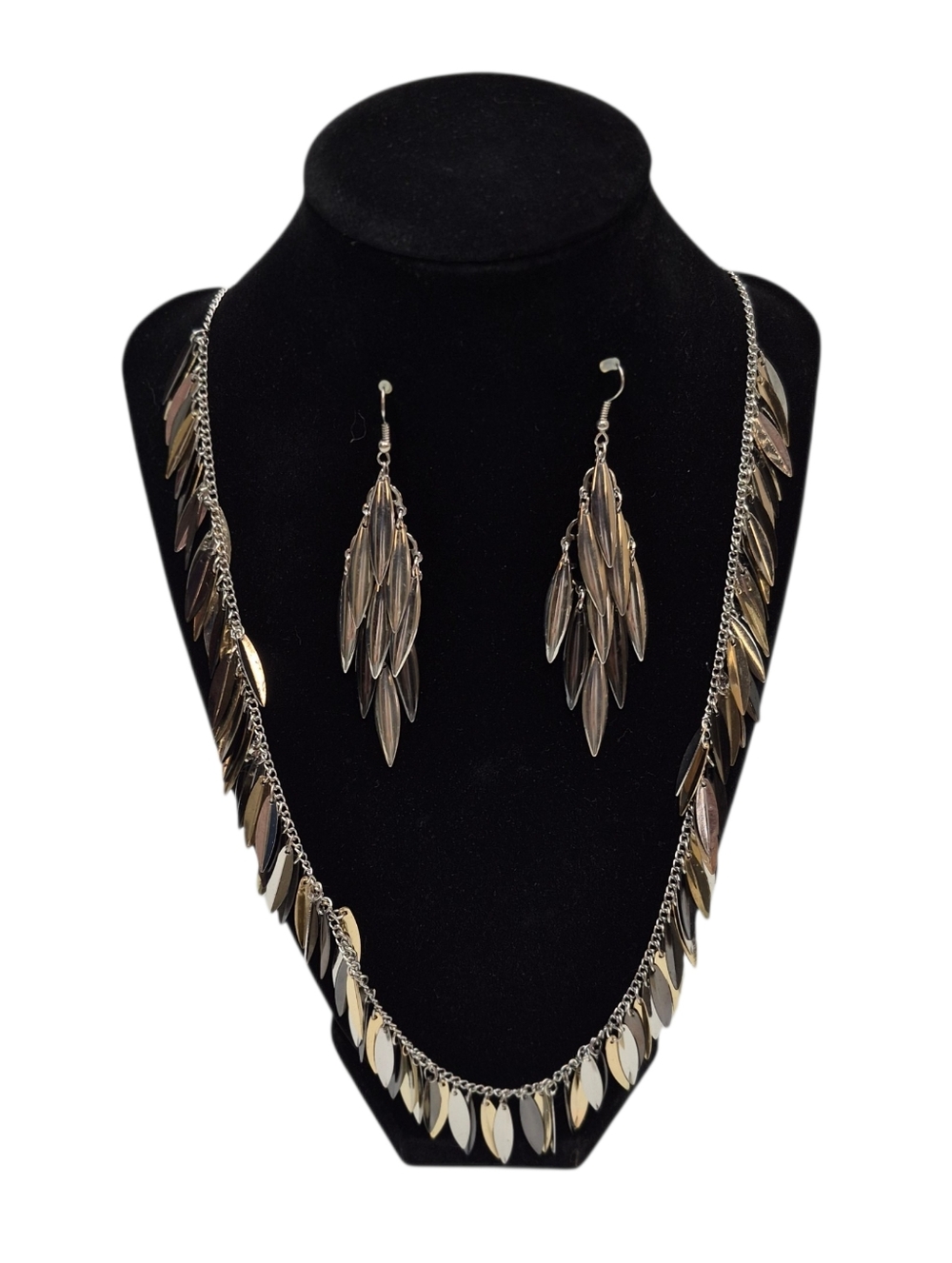 Leaf Dangle Necklace Earring Set Women's Costume Jewelry Silver Golden Tones